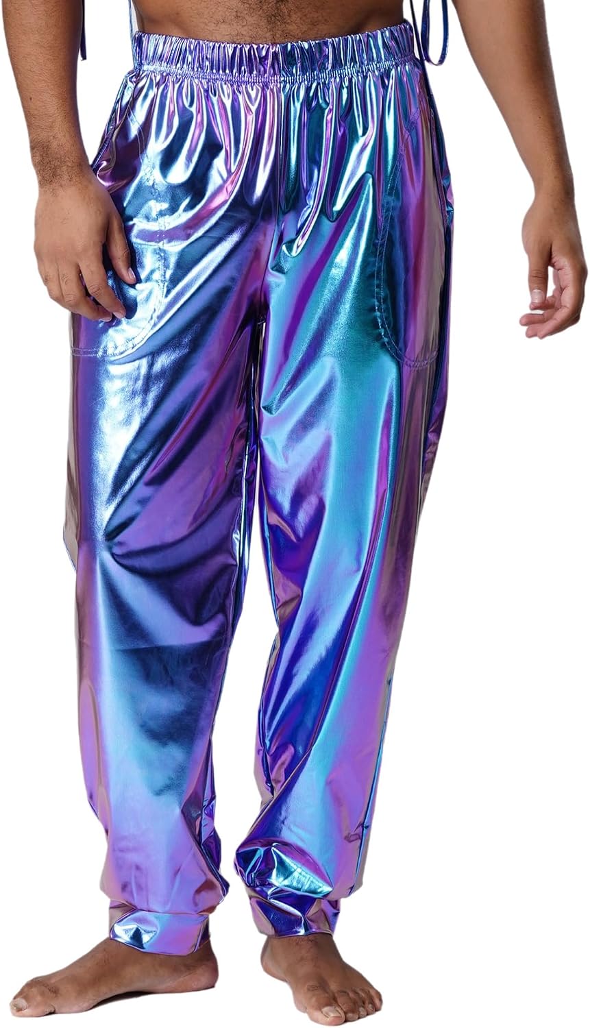 ranrann Men Adult Shiny Metallic Pants Yoga Beach Baggy Boho Arab Pants Renaissance Viking Pirate