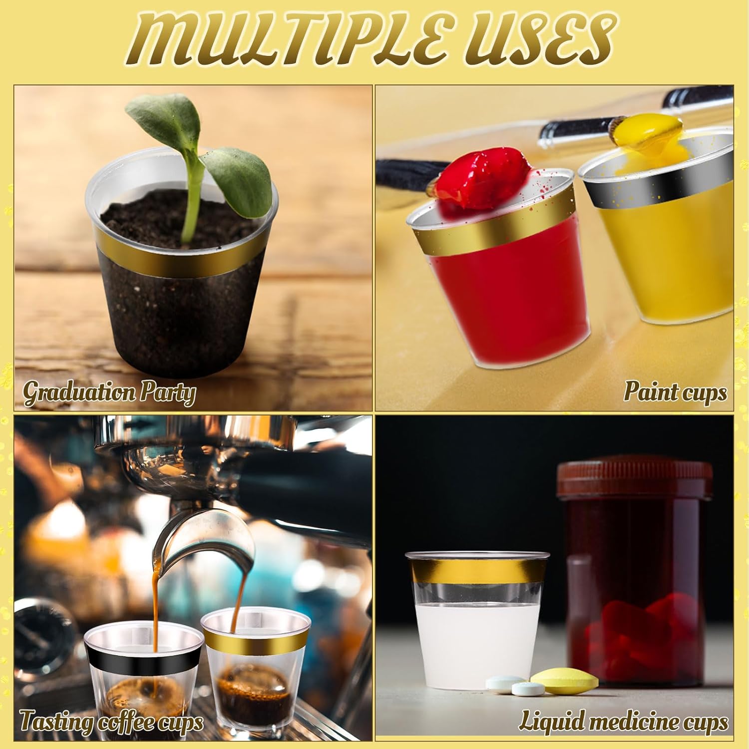 100 Pack 1oz Gold Black Rimmed Plastic Shot Glasses Mini Plastic Wine Drinking Shot Cups Clear Disposable Party Cups Tasting Sample Containers for Christmas New Year Engagement Whiskey - Image 5