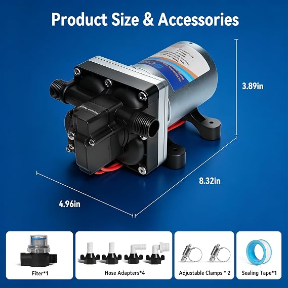 12V RV Water Pump 4.0 GPM - 55 PSI Self-Priming & Quiet Diaphragm Pump with Adjustable Pressure Switch & Strainer for RV,Marine,Camper,Boat,Garden(Run-Dry Safe)