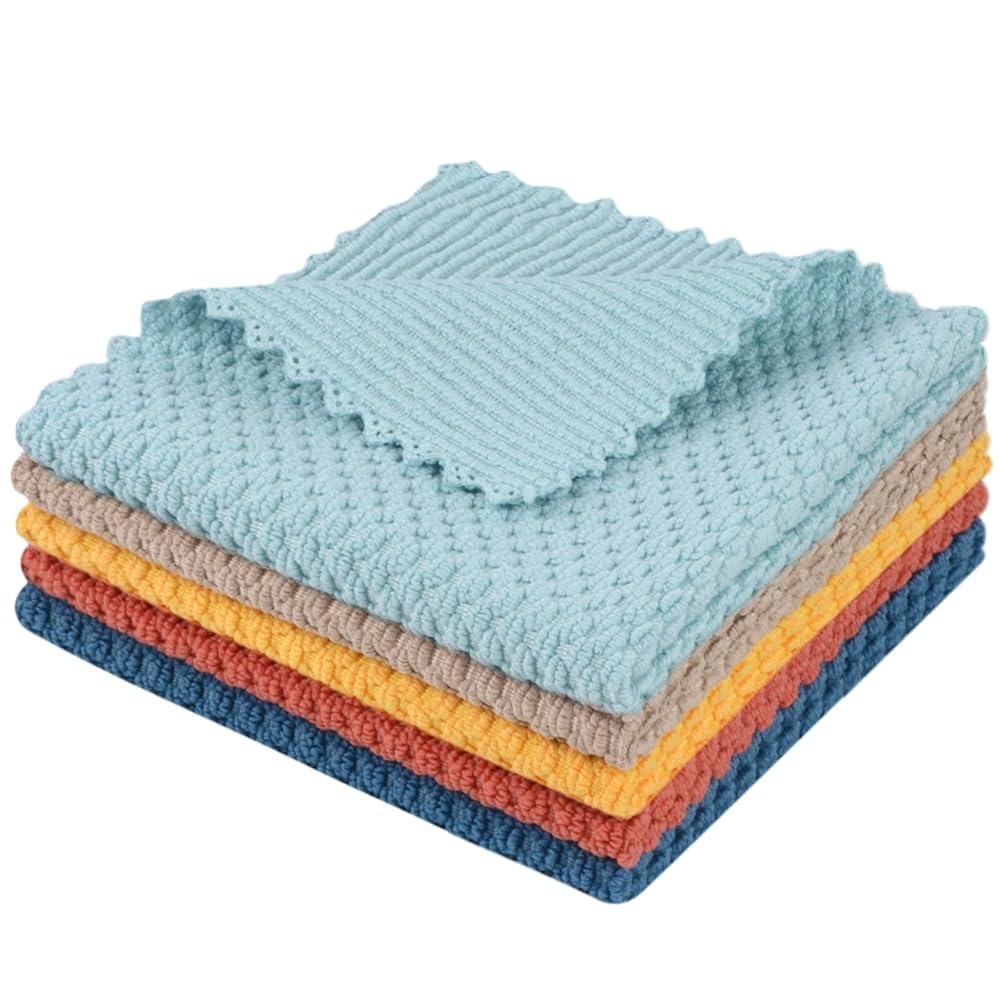 SINLAND Microfiber Dish Cloth for Washing Dishes Rags Best Kitchen Washcloth Cleaning Cloths with Poly Scour Side Popcorn Texture 5 Color Assorted 12Inchx12Inch 5 Pack
