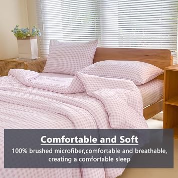 NSNLGSGC Queen Comforter Set, Pink Gingham Bedding Comforter Sets, Pink Grid Bed Comforter 3 Pieces (1 Comforter, 2 Pillowcases)