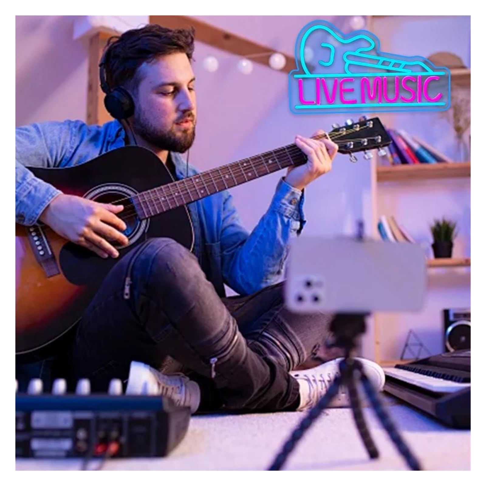 Insegna al Neon Insegna Al Neon Live Music Luce Per Chitarra Blu Dimmerabile Alimentata Tramite USB Per Studi Musicali Club Bar Decorazione Da Parete 42cmx24cm