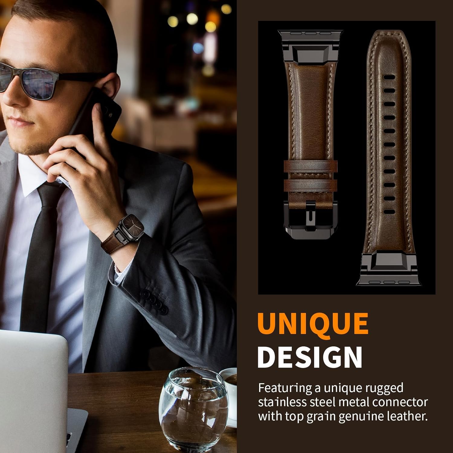 Leather Bands Compatible with Apple Watch Ultra 3/2/1 Band 49mm 46mm 45mm 44mm 42mm, Genuine Leather Metal Connector Strap for iWatch Ultra Series 11/10/9/8/7/SE/6/5/4/3/2/1, Dark Brown/Black - Image 6