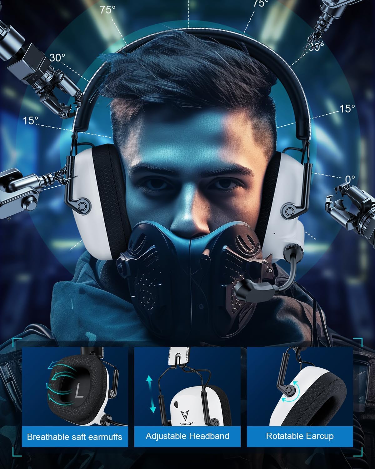 Vakedy Cascos Gaming Inalambricos, 2,4 GHz USB y Auriculares Bluetooth con Micrófono, Ultraligeros, Driver 50 mm, Baja Latencia, Batería 50H, Cascos Gamer para PS5/PS4/PC/Mac/Switch