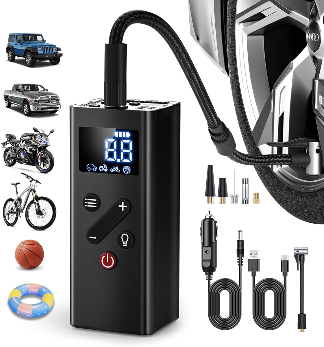 Tire Inflator Portable Air Compressor, 150PSI Cordless Air Pump for Car Tires, 4X Faster Bike Tire Pump with Pressure Detection, Air Pump for Car Tires for Car Motor Bike Ball (Black)