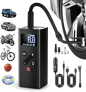 Tire Inflator Portable Air Compressor, 150PSI Cordless Air Pump for Car Tires, 4X Faster Bike Tire Pump with Pressure Detection, Air Pump for Car Tires for Car Motor Bike Ball (Black)