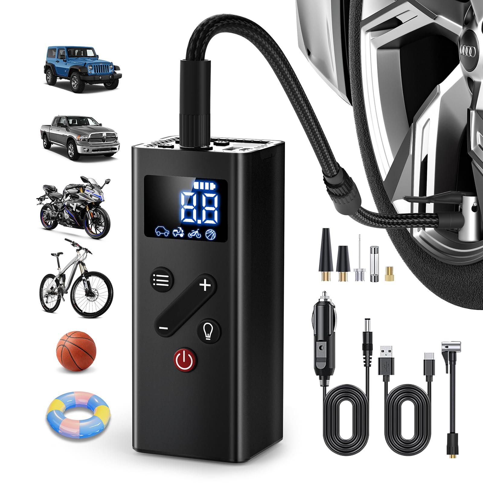 Tire Inflator Portable Air Compressor, 3X Faster Cordless Air Pump 4000mah Inflatables 12v Dc Bike Pump Digital 150psi Pressure Gauge Led Light Car Bi