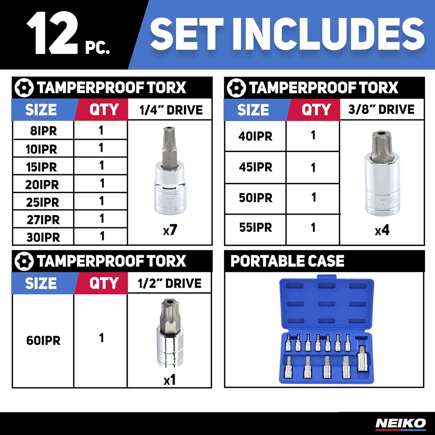 Neiko 10085A Tamperproof Torx Plus Bit Socket Set | 12 Piece | 8 IPR - 60 IPR | 5 Point Star | Cr-V and S2 Steel | High Impact ABS Blow Molded Case