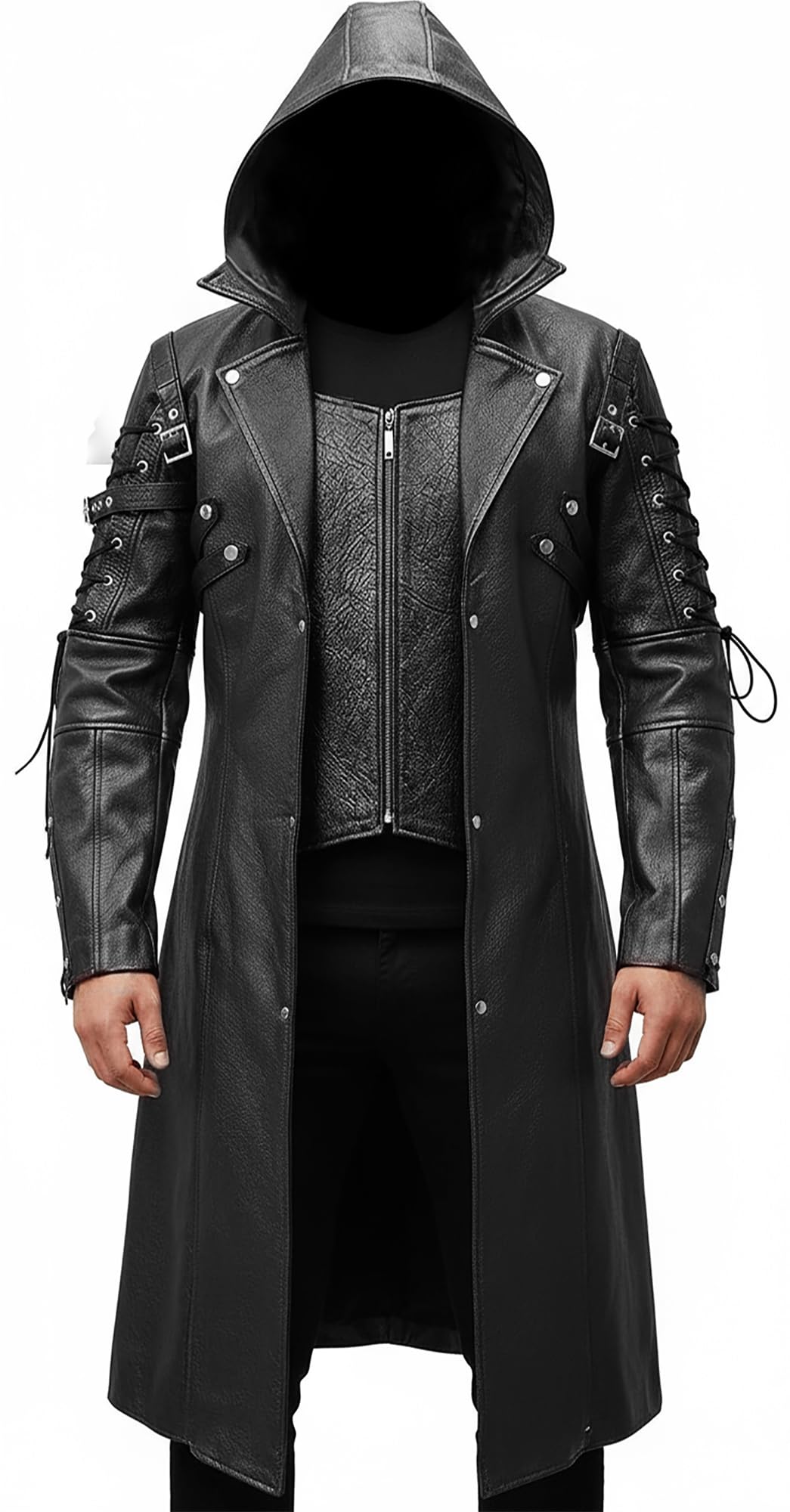 Creonetix Hub Men Goth Black Leather Trench Coat – Steampunk Gothic Van Helsing Costume Long Jacket for Men (black-X-Small) — image 1