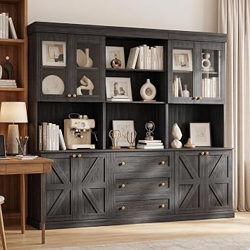 ivaniti 71" Black Modular Farmhouse Bookcase Set of 3, Expandable Storage Cabinets with Glass Doors or Drawers for Home Office or Study Room