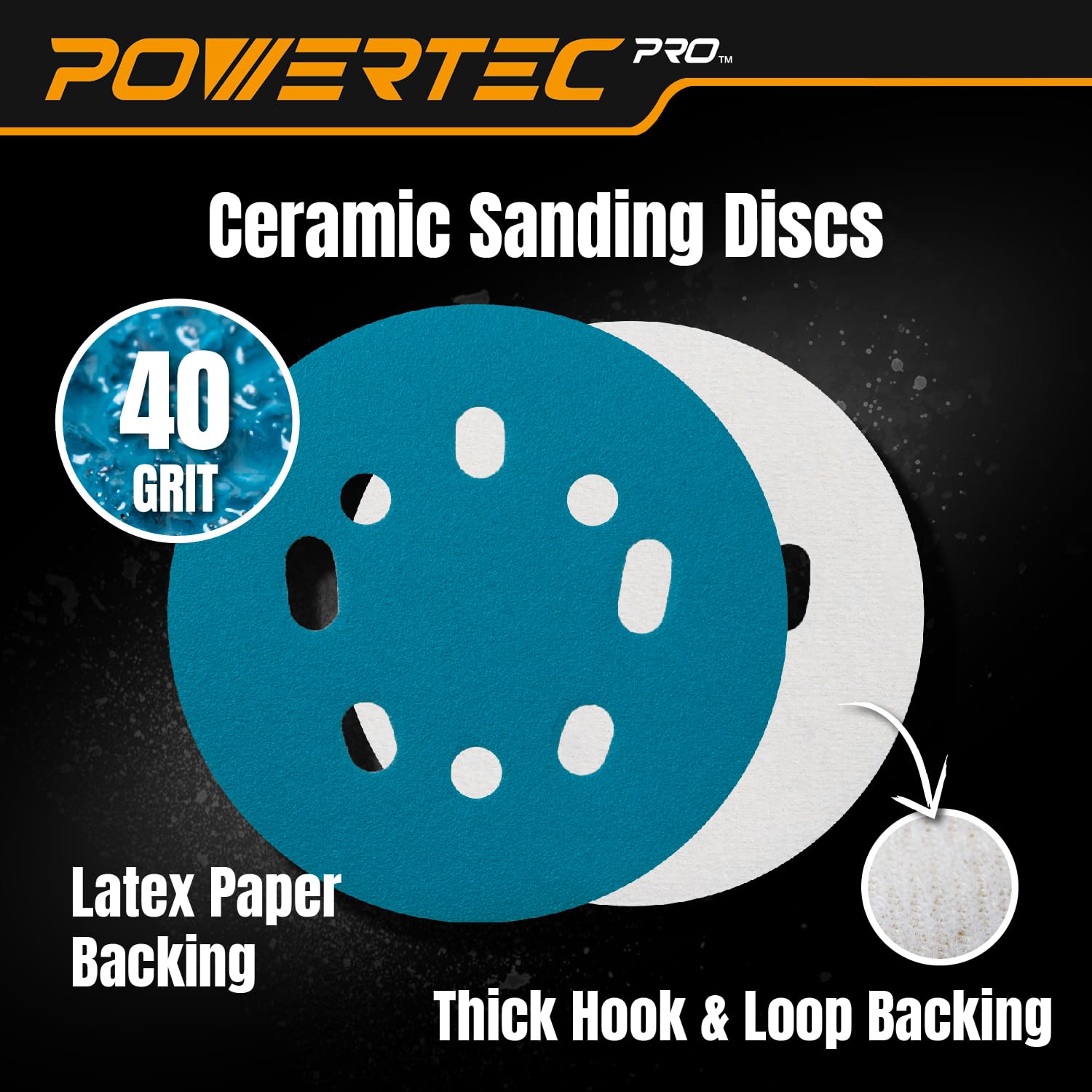 POWERTEC 50 dischi abrasivi con gancio e anello, grana 40, per levigatrice orbitale in ceramica, per levigatrici orbitali casuali da 5 e 8 fori, per automobili, vernici, metallo, lavorazione del legno
