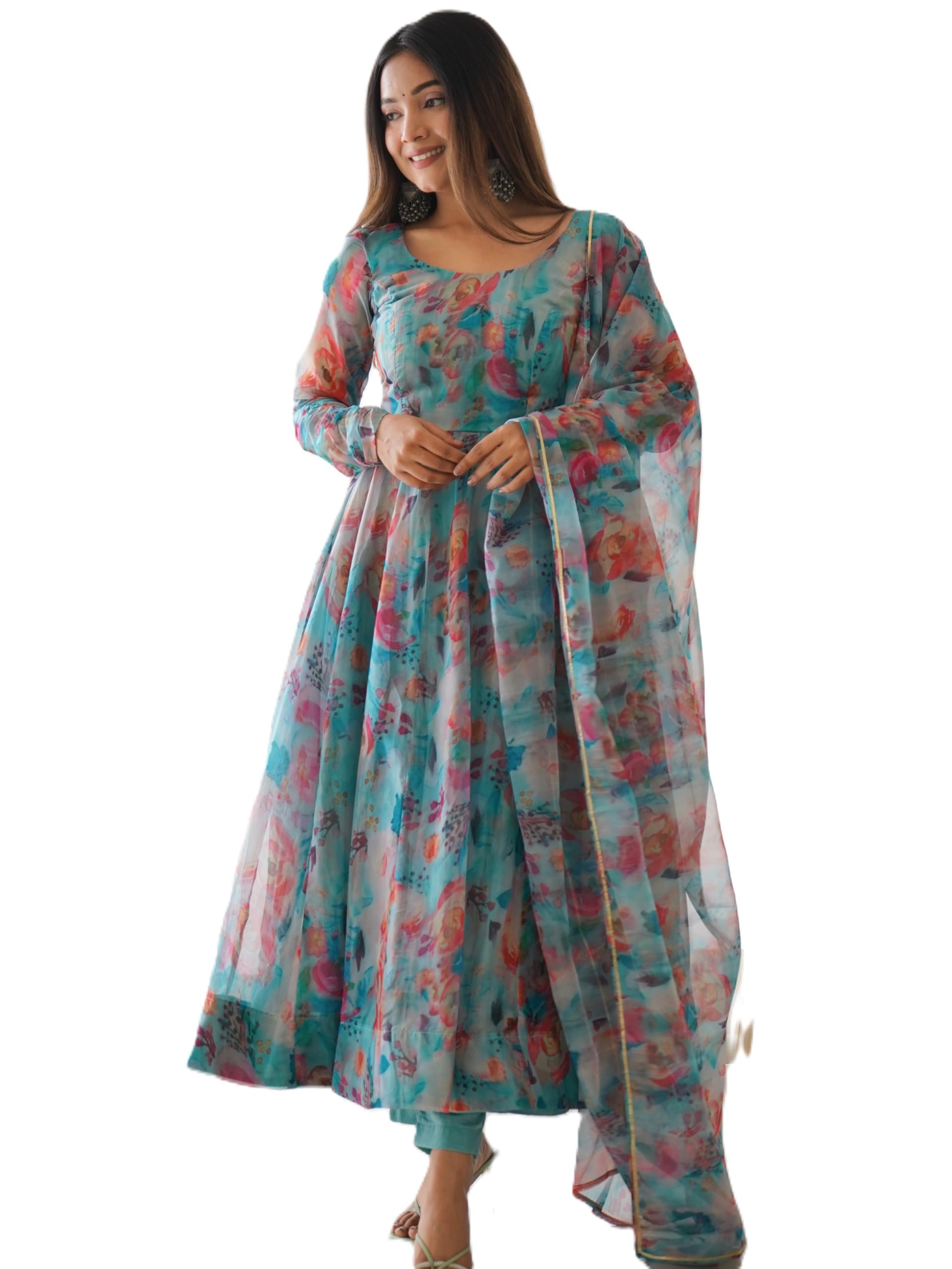 Women's Organza Silk Floral Position Print Anarkali Kurta Set With Dupatta.-picture-36