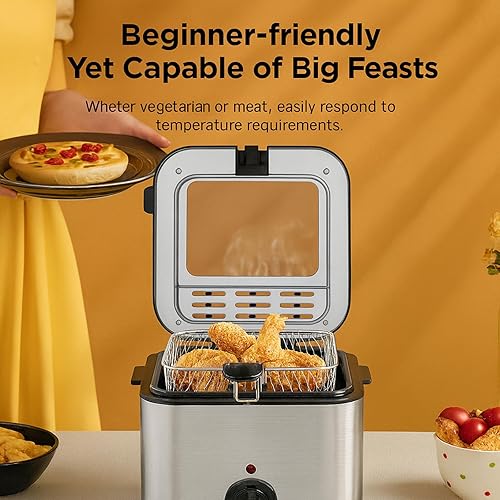 Miniatura 2 de Freidora Eléctrica de Aceite de Acero Inoxidable de 1000 W - Freidora Eléctrica de Aceite 2.5L Freidora de Temperatura Ajustable con Canasta,