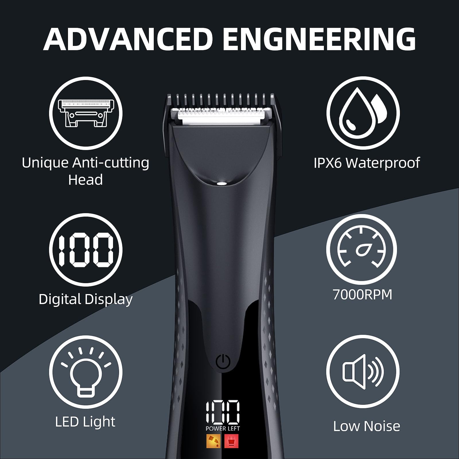 Vexloria Rasoio Elettrico Corpo Uomo, Depilatore Corpo con LED lampada e Display LCD, Lame in Ceramica, USB Ricaricabile Elettrico Rasoio Parti Intimo, Per Il Corpo, Intimo, Ascelle, Gambe R1