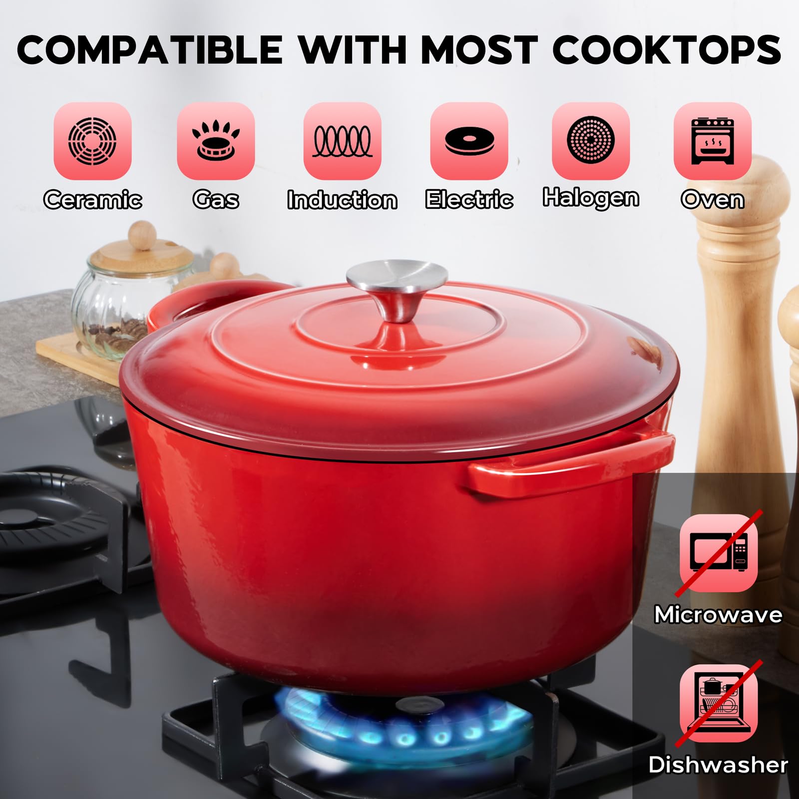 Onader Forno olandese in ghisa smaltata, 7 qt, con coperchio, per la cottura del pane, rotondo, resistente, rosso