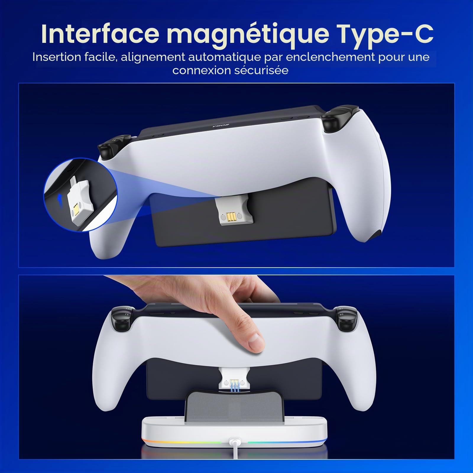 NEWDERY Station de Charge Compatible avec Les étuis pour PS Portal | Station de charge magnétique USB-C avec 9 modes d'éclairage RVB, compatible avec le lecteur distant PlayStation Portal, blanc