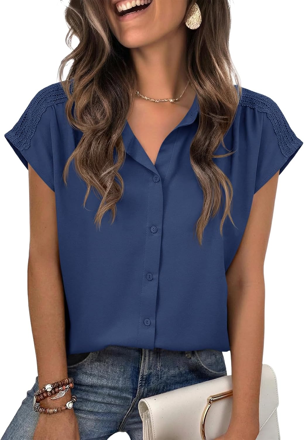Yousify Womens Dressy Casual Tops Business Work Blouses Button Down Shirts Cap Sleeve V Neck Tshirt
