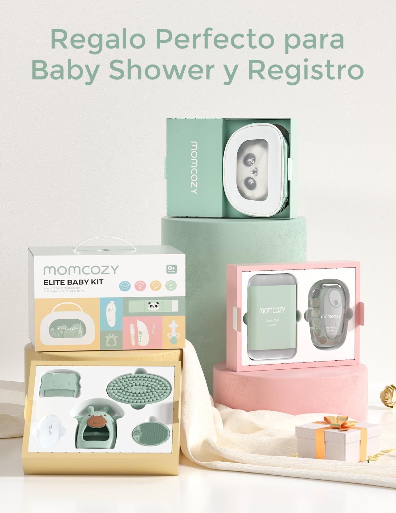 Momcozy Elite Kit Bebe, Neceser Bebe para Cuidado & Limpieza, Cosas para Bebes Recien Nacidos Incluye Electrico Lima Uñas & Aspirador Nasal, Cinturón de Vientre, Termometro, Cepillo Dientes y de Baño