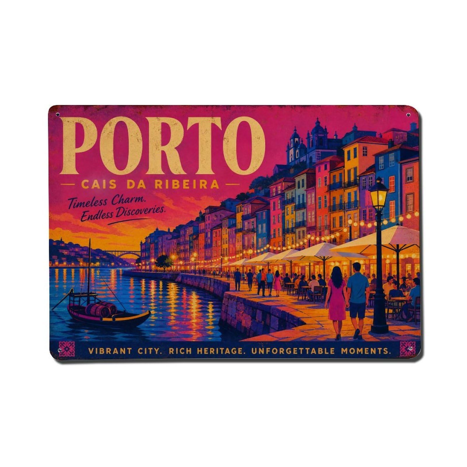 Yrnq 08X12inch Vintage Style Vintage Cais Ribeira Riverside Promenade Evening Portugal Metal Tin Sign