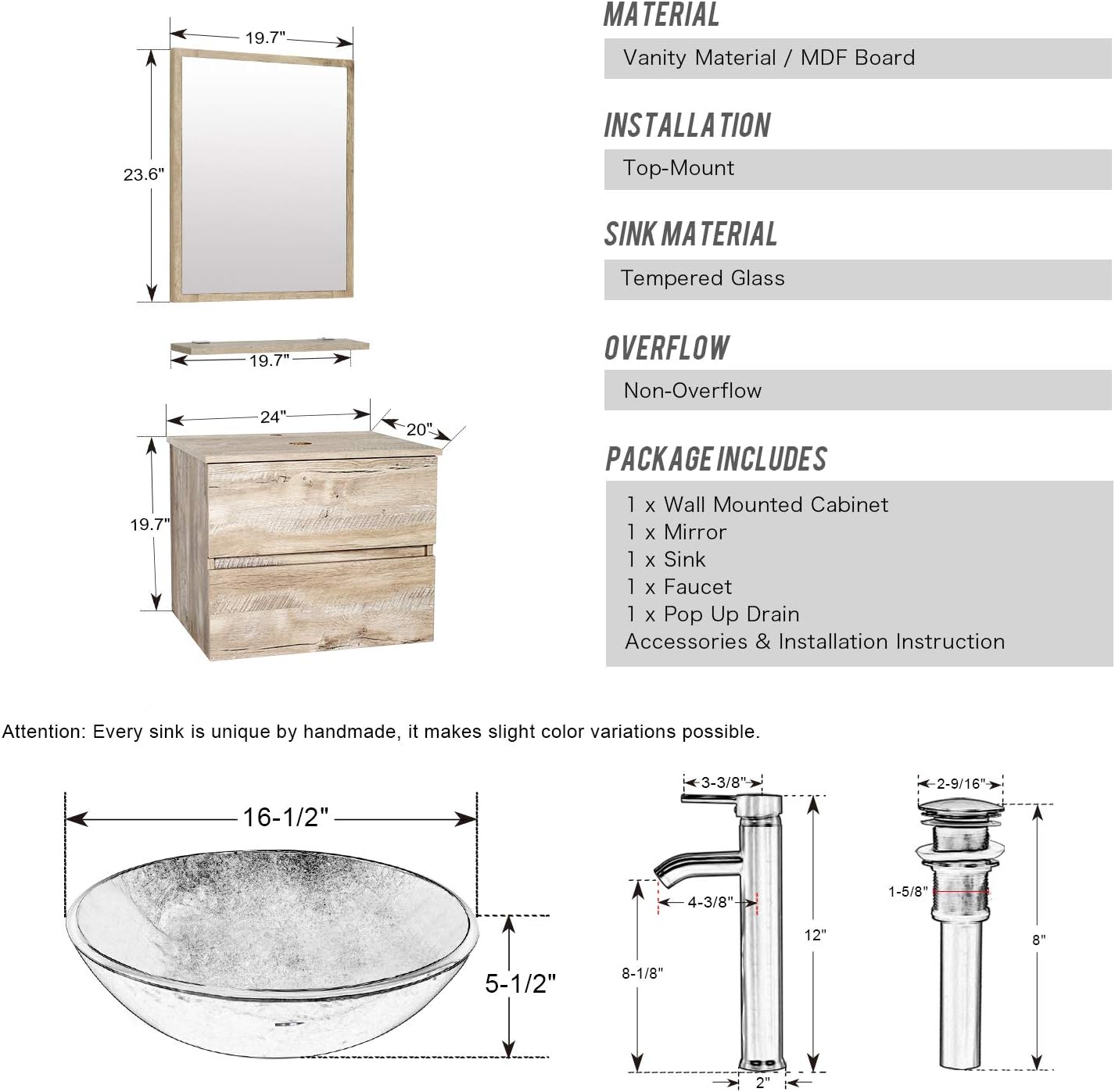 Suреr Brаndѕ eclife 24” Bathroom Vanity Sink Combo Wall Mounted Natural Cabinet Two Drawers Vanity Set Ocean Blue Round Tempered Glass Vessel Sink Top, W/ORB Faucet, Pop Up Drain & Mirror (A11E02AK)