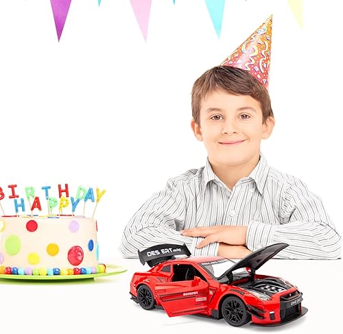 Miniatura 6 de BDTCTK Escala 124 compatible con Nissan GTR, juguete de juguete de aleación de zinc con sonido y luz para regalo de niños y niñas (rojo)
