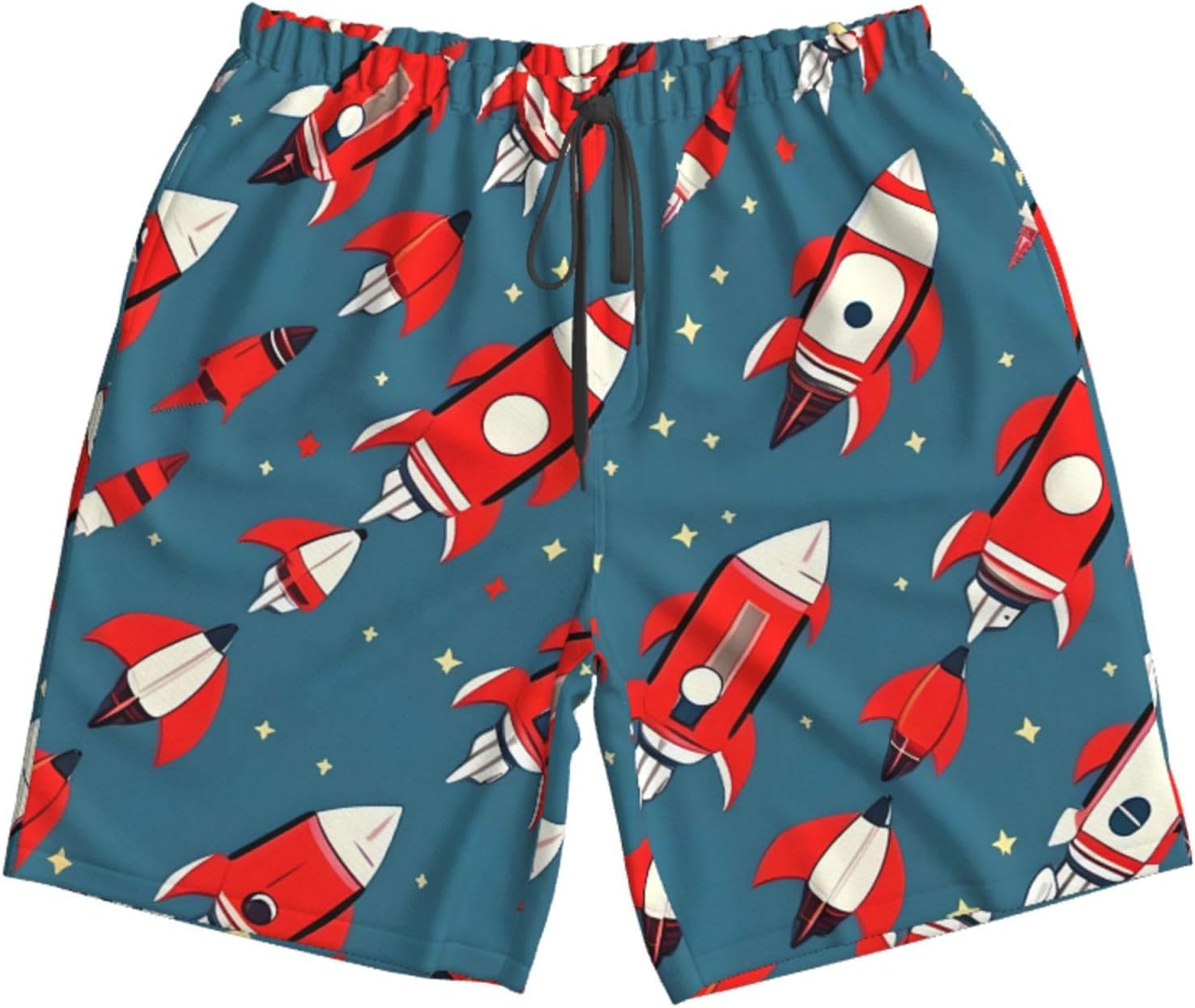 Cartoon Rockets Print Mens Casual Shorts Drawstring Summer Beach Stretch Shorts Novelty Swimtrunks