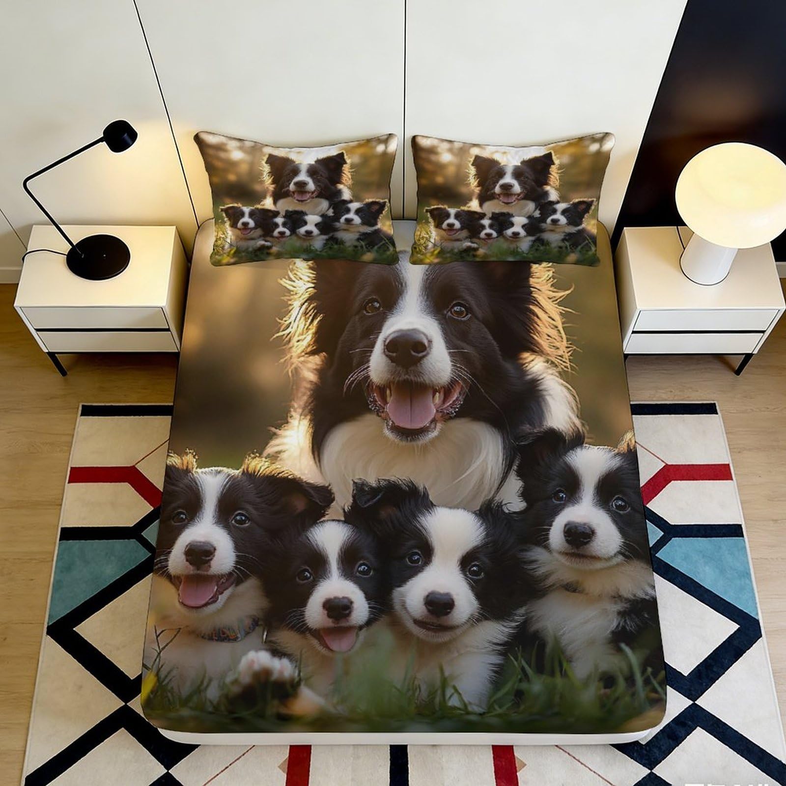 3D Printed Border Collie Family Fitted Sheet Microfiber Non-Slip Mattress Cover Puppy Pattern for Bedroom Decor, Machine Washable 120x200x25cm