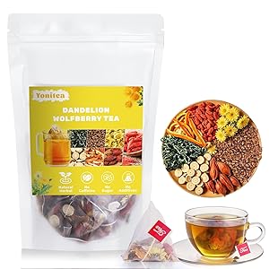 Yonitea Dandelion Wolfberry Tea Organic, Liver and Kidney Health, 7 Herbal Ingredients Natural with Chrysanthemum, Goji Berries, Licorice Root, Orange Peel, Gardenia (1 Pack/30 Bags, Dandelion Wolfberry Tea)