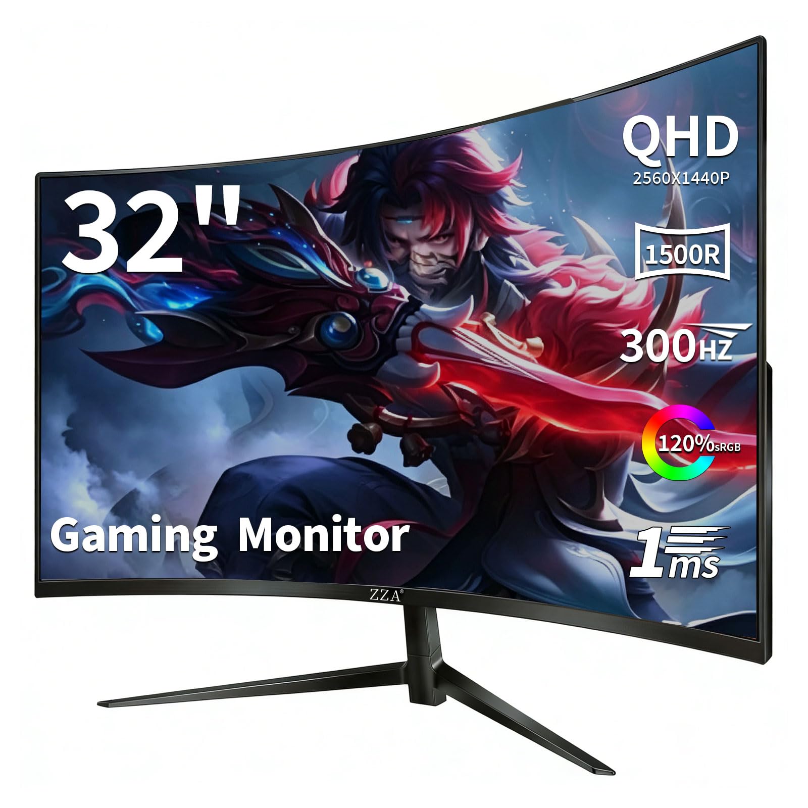 ZZA Monitor curvado para juegos de 32 pulgadas, QHD 2560 x 1440, frecuencia de actualización Ultra 300Hz y 240Hz, panel VA, 1500R, 1ms, HDR, AMD FreeSync Premium, compatible con NVIDIA G-SYNC