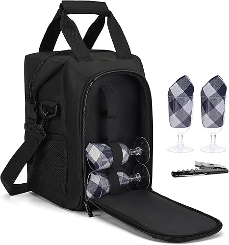 Miniatura 52 de ALLCAMP - Bolsa de vino con compartimento refrigerador, juego de picnic que lleva dos juegos de vajilla Negro