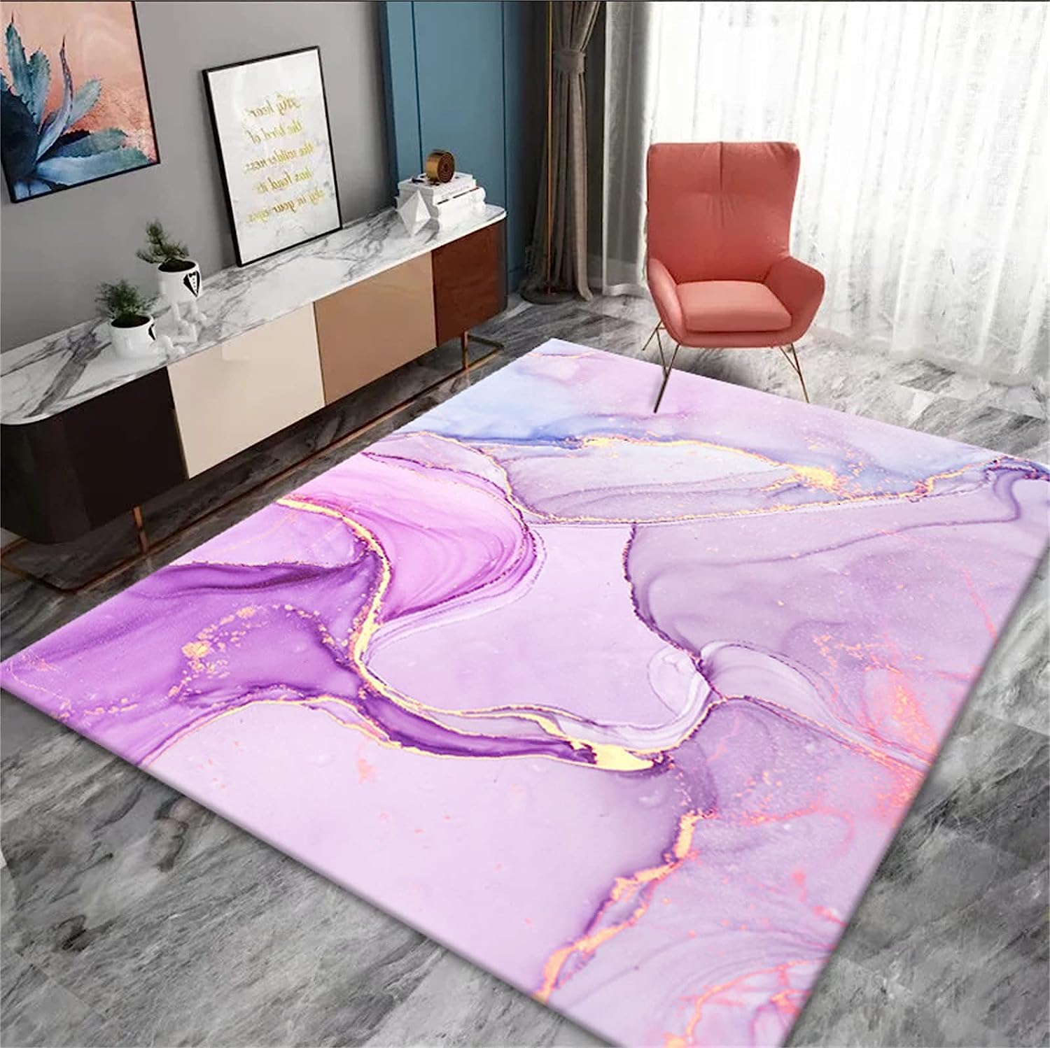 Pittura A Inchiostro Viola Texture Dorata Morbido Tappeto Per La Cameretta Dei Bambini Con Stampa 3D 160 X 230 Cm - Tappeto Antiscivolo A Pelo Corto - Lavabile - Antimacchia, Non Perde Peluc -6Q7K+Y5L