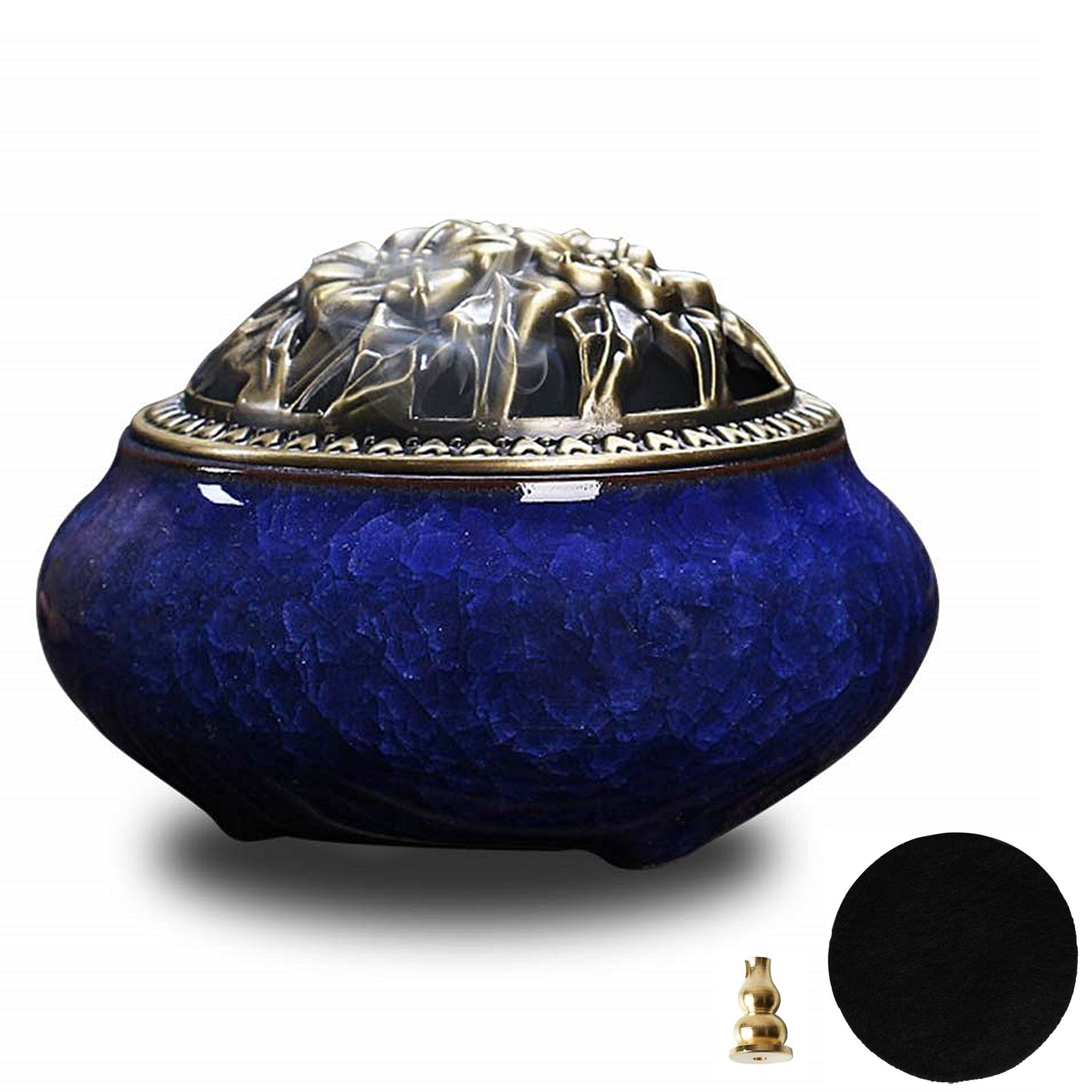 FaceColor Ceramic Incense Burner with Bronze Lid Dark Blue Retro 3.9in