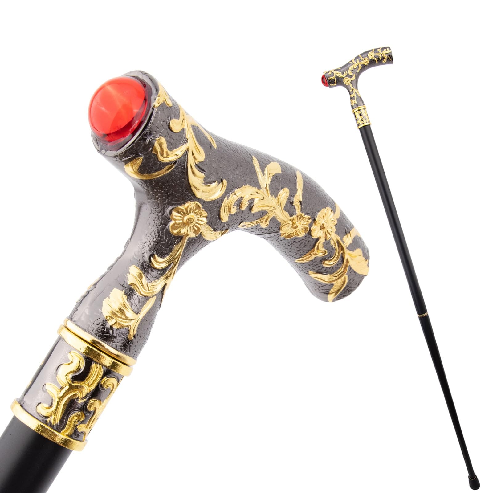 Bastón con Detalles en Negro, Dorado y Cuentas Rojas, Bastón de Lujo para Hombre y Mujer Antideslizante Desmontable, para Cosplay o Fiestas 92 Cm