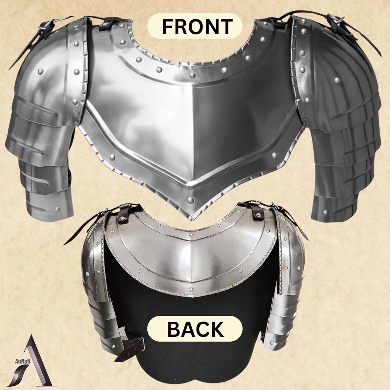 AnNafi® Medieval Iron Gorget with Pauldrons Gothic Spaulders Arm Shoulder Guard Set Viking Crusader Warrior Armor Steel Neck Protector SCA LARP Knight Metal Vembrace Pair Silver Adult