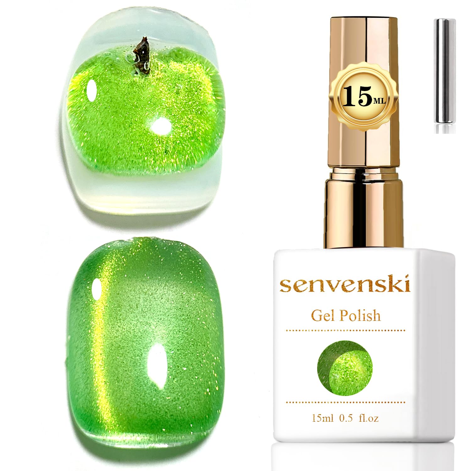 Senvenski Jelly Glass Cat Eye Gel Nail Polish with Magnet 15ML Magnetic 3D Galaxy Holographic Glitter Translucent Sheer Color Gel Polish Salon Home DIY (Green Apple)