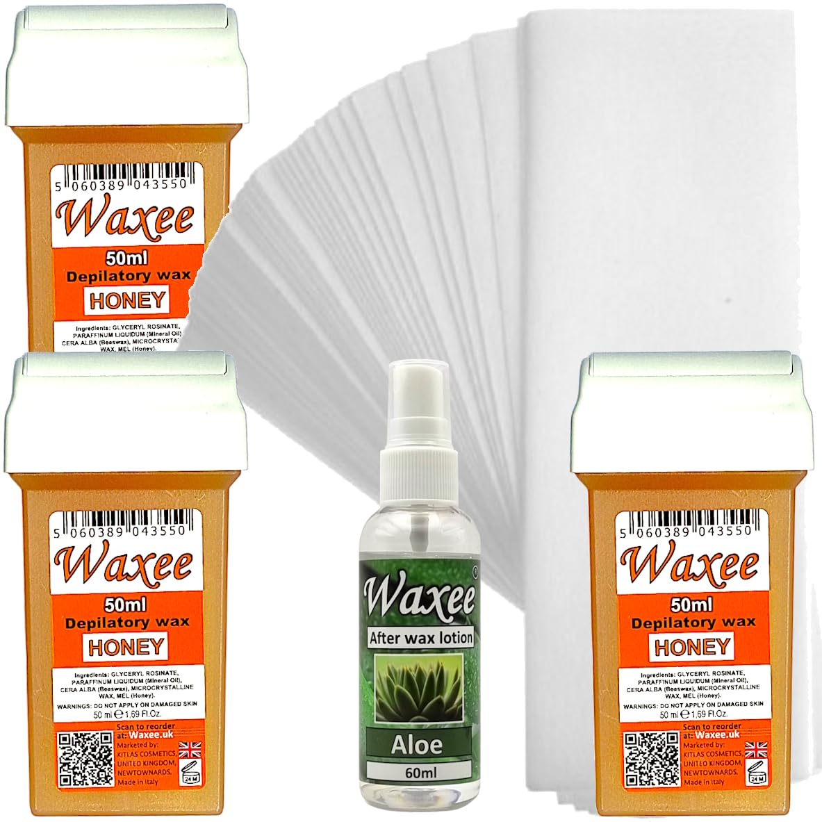 Waxee Compatibile con Veet Easy Wax, cartuccia di cera roll-on da 50 ml, rullo di ricambio, miele (3 x 50 ml roll-on + 25 strisce + lozione dopocera)