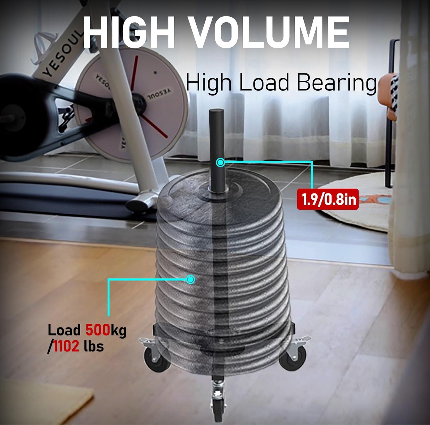 Movable Weight Plate Rack with Wheel-1.9/0.8in Calibre, Vertical Bumper Plate Organizer for Man Woman Fitness, Strength Training Weight Tree for Stack Plates