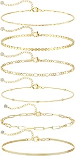 Waterproof Gold Plated Bracelets Set for Women Trendy, Dainty 14K Gold Jewelry Fashion Stackable Tennis Beaded Figaro Herringbone Paperclip Link Bracelet Pack Stack Gifts for Women