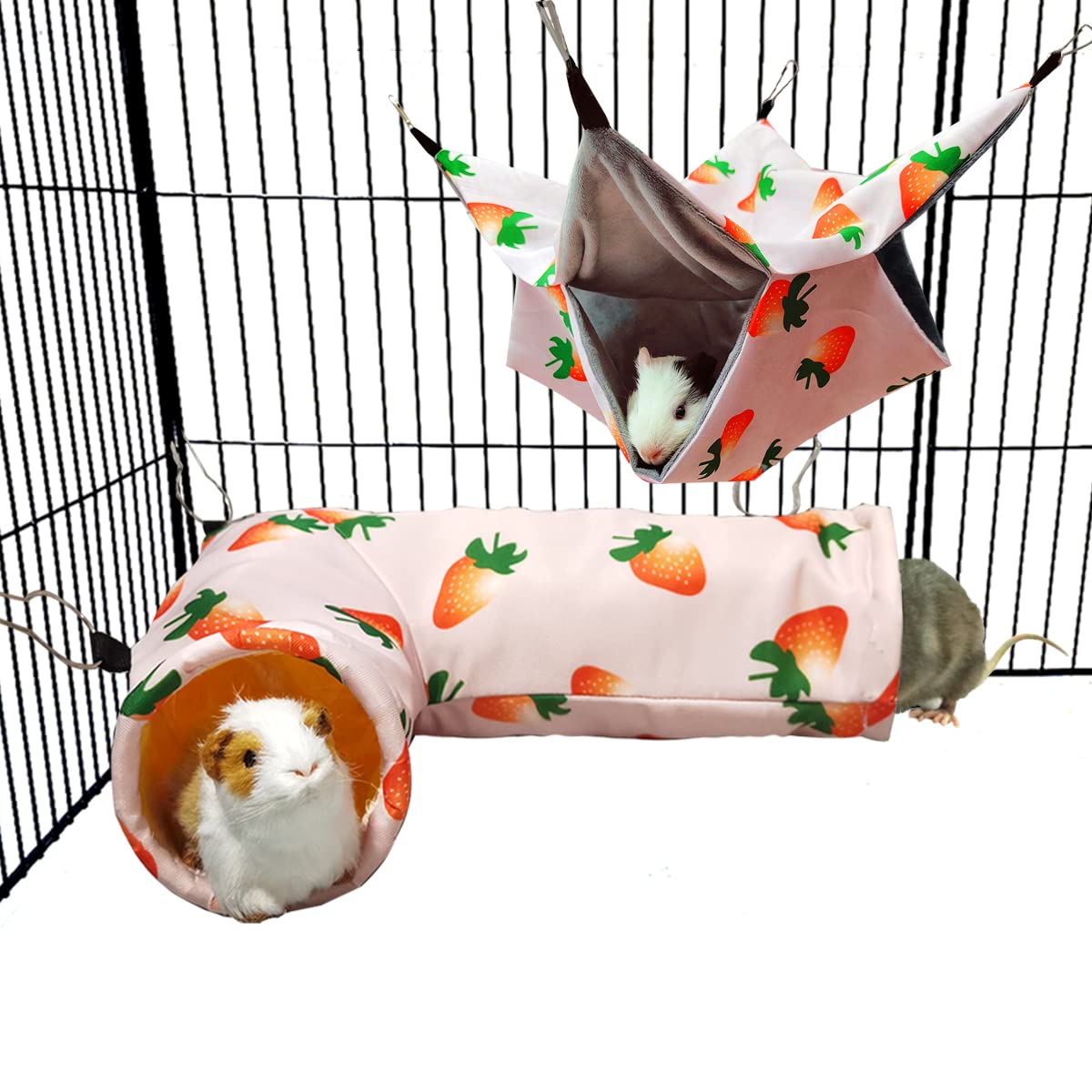 Guinea Pig Rat Corner Tunnel & Tubes Bunkbed Hammock, Guinea Pig Hideout for Small Pet Hedgehog Piggy Hamster Hide(2. Hammock&Tunnel-Strawberry)