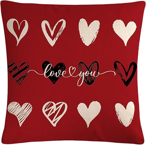 Miniatura 4 de Paquete de 4 fundas de almohada para el día de San Valentín, decoración de San Valentín, diseño de rayas rojas y negras, diseño de corazón con texto