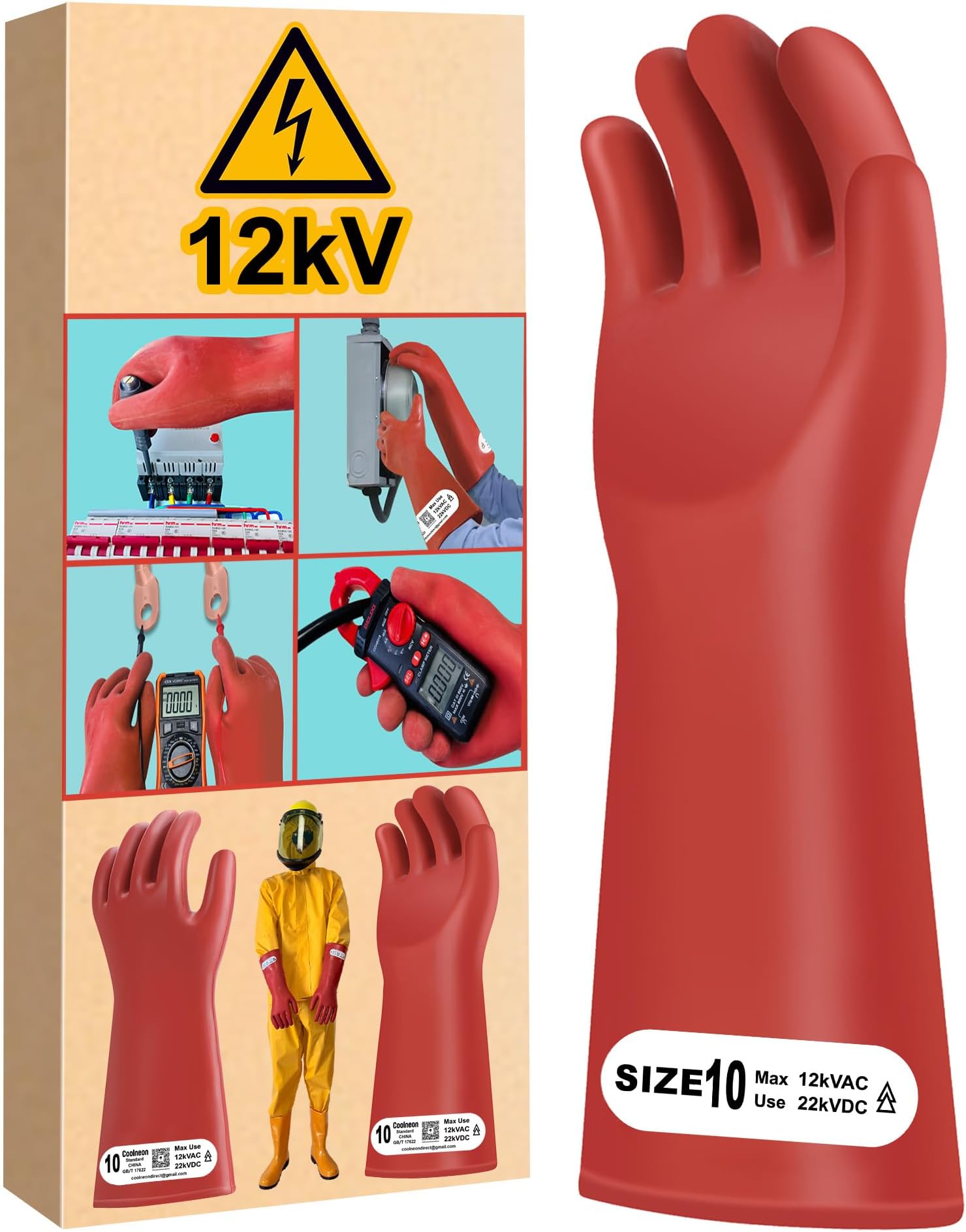 12kV Electrical Gloves Size 10 Rubber Thick Not for Dexterous Work High Voltage Electric Insulated Electrician Safety Shock Proof Lineman Long Red HV 12000VAC EV Hybrid Glove Water Proof