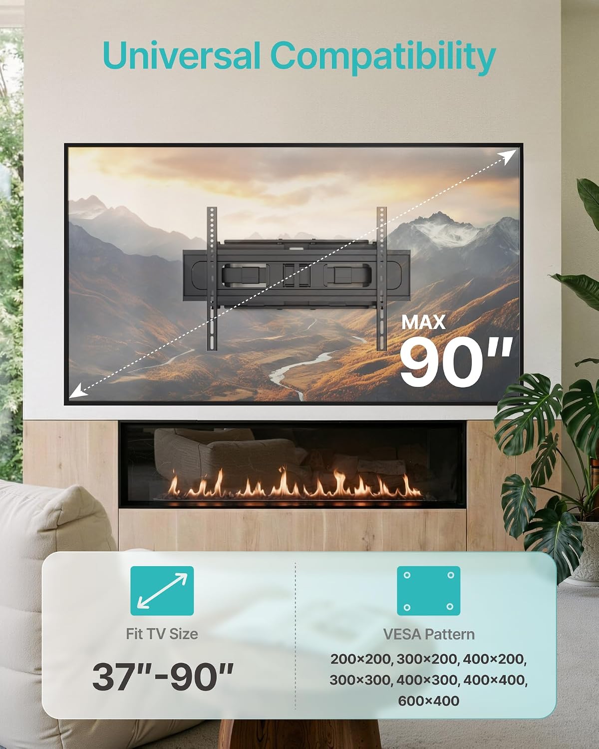 Pegzone Full Motion TV Wall Mount for 37-90 Inch TVs up to 132lbs, Swivel Tilt Extension Heavy Duty TV Bracket with Dual Articulating Arms, Pre-Assembled Wall Mount, Max 16" Wood Studs, VESA 600x400mm