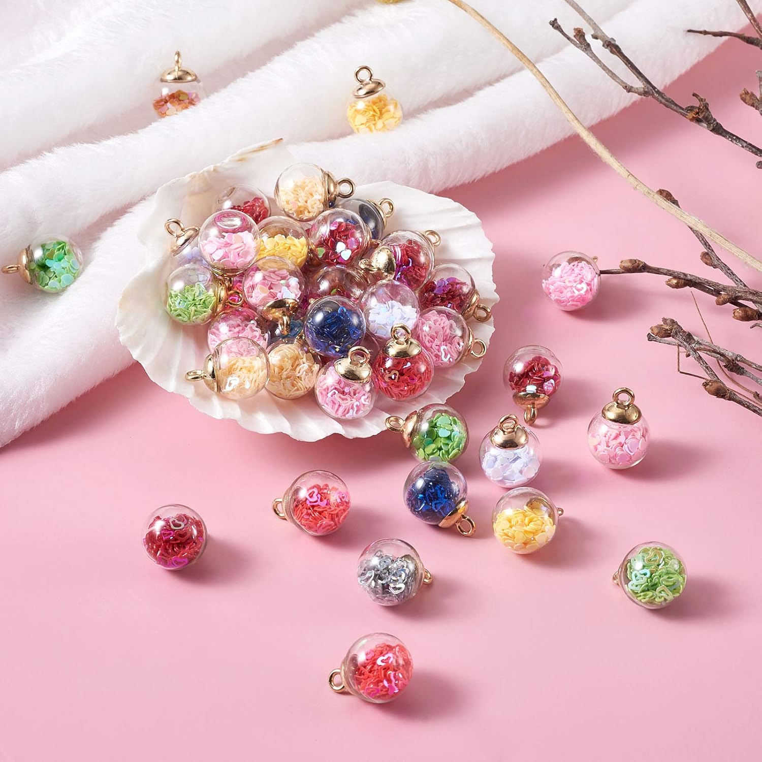 Craftdady 85pcs Crystal Glass Ball Pendants Colorful Round Globe Clear Charms with Glitter Heart Sequins for Earring Necklace Jewelry Craft Bracelet Making
