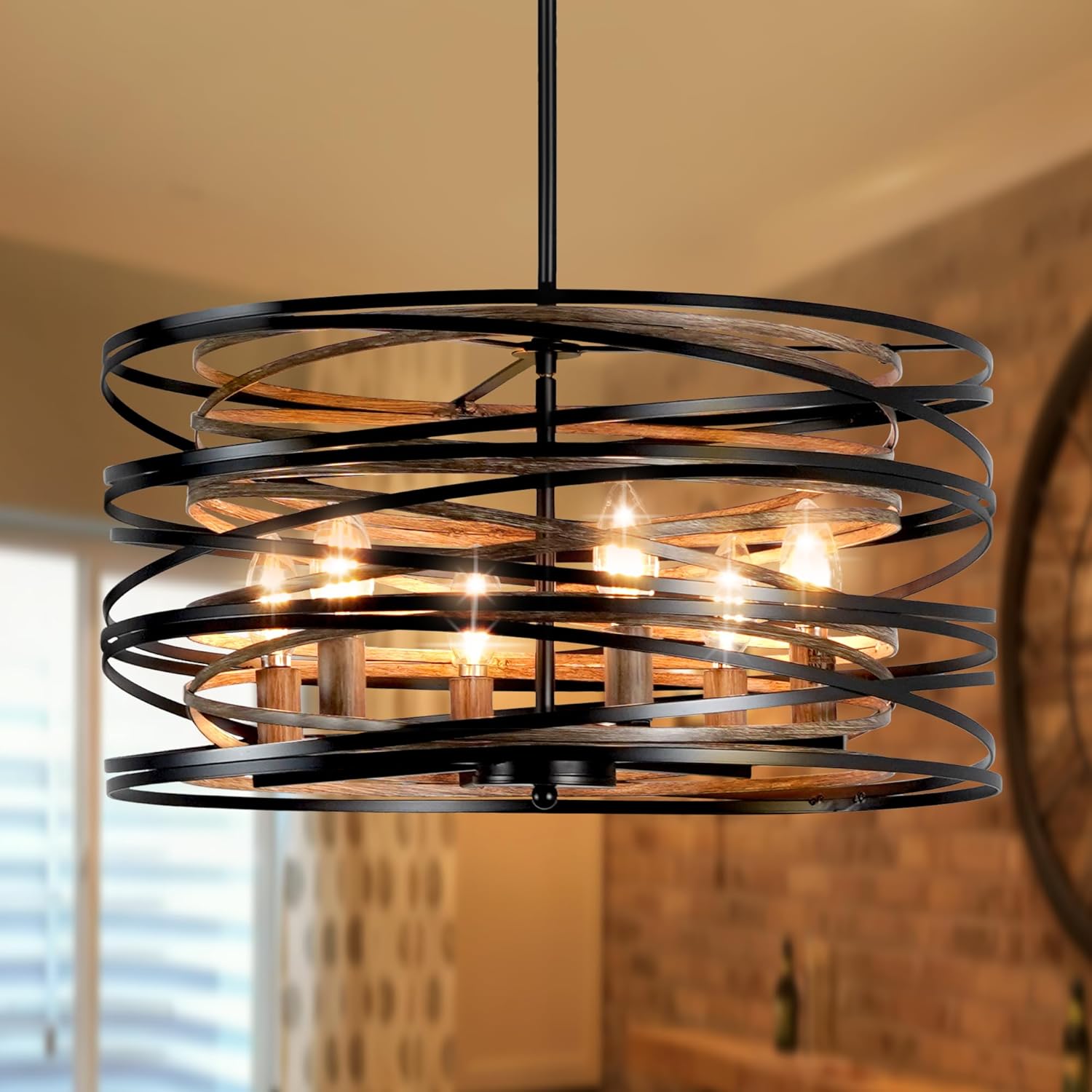 Farmhouse Chandeliers for Dining Room, 6-Light Spiral Drum Black Chandelier 19.7" Wood Grain Metal Large Dining Room Light Fixture Pendant Lights Rustic Farmhouse Chandelier for Foyer Kitchen Bedroom