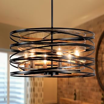 Farmhouse Chandeliers for Dining Room, 6-Light Spiral Drum Black Chandelier 19.7" Wood Grain Metal Large Dining Room Light Fixture Pendant Lights Rustic Farmhouse Chandelier for Foyer Kitchen Bedroom