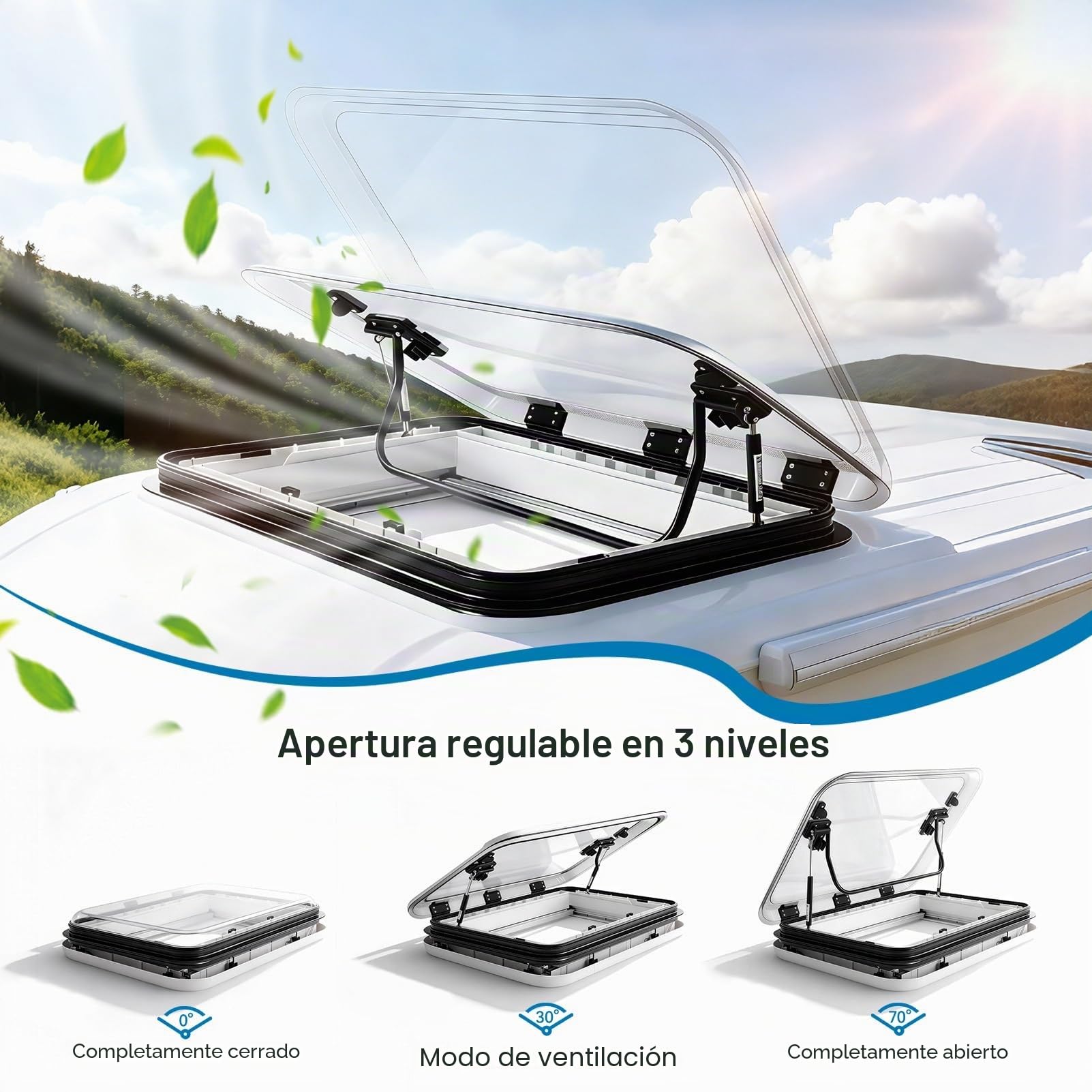 Hatch De Techo / Claraboya Para Autocaravana / Ventana Para Techo 50×50 / 80×50 Cm – Cortinas Oscurecedoras Y Mosquiteras Integradas, Iluminación LED 12v, Para Caravanas, Remolques, Barcos(80x50cm/31.