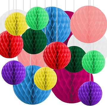 18 Pack Honeycomb Decorations Tissue Paper Honeycomb Decorations Garland, Poms Birthday Baby Shower Wedding Decorations Large Mix Paper Ball Decorations Balloons Classroom Office Store Shop Happy