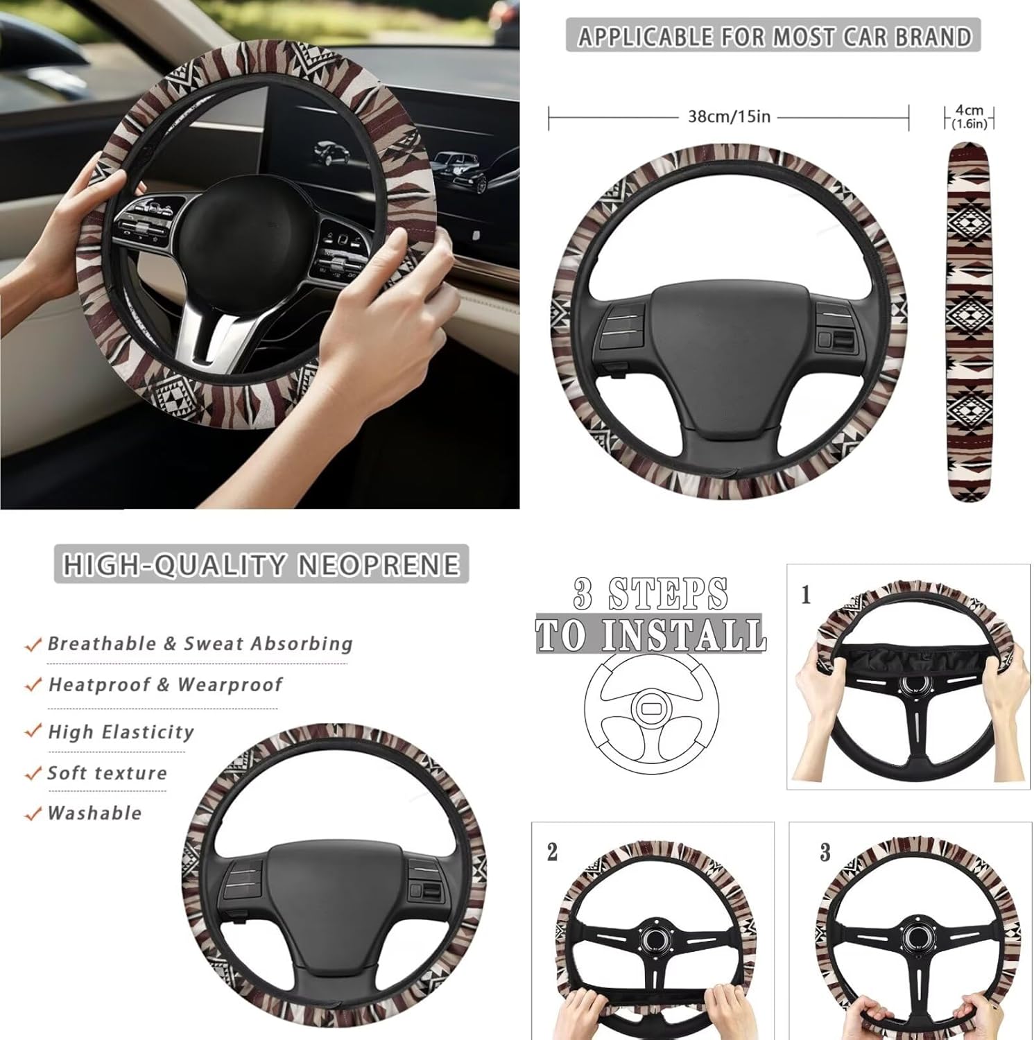Southwest Aztec Native Tribal Car Seat Covers Set of 15 with Universal Steering Wheel Cover, Rearview Mirror Cover, Car Trash Can, Seatbelt Pads, Cup Holder Coasters, Keychains