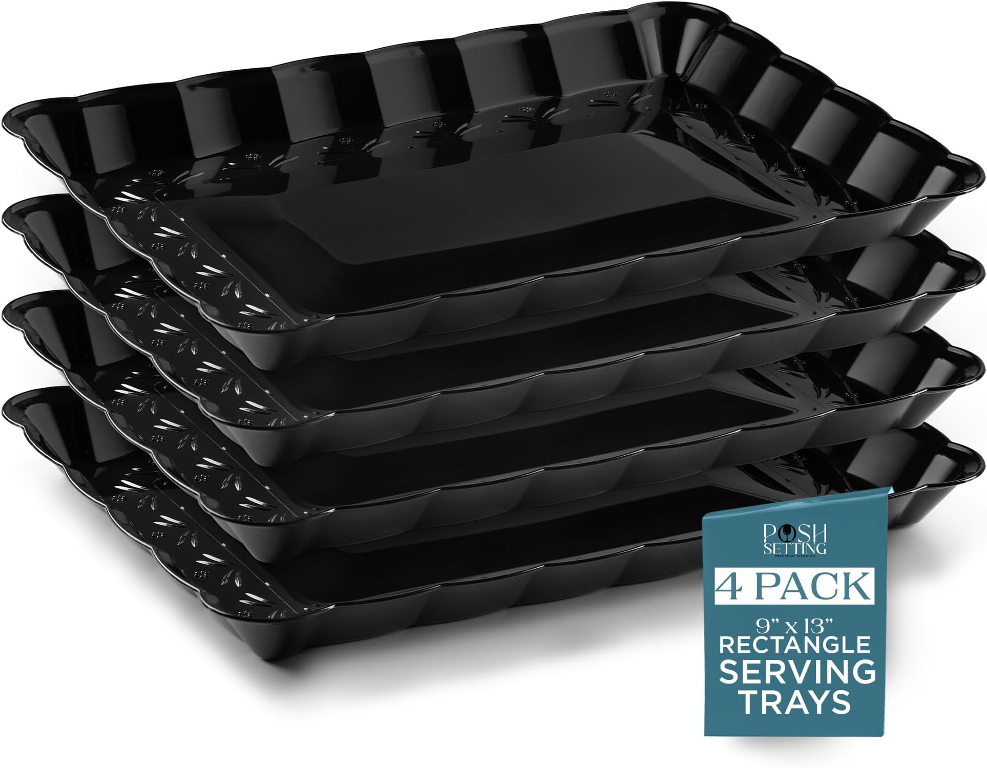 Posh Setting Black Serving Trays Disposable - Plastic Platters - Plastic Platters and Trays for Party- Black, Gold & Clear, White Serving Dishes, 9x13, 4 Pack
