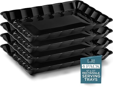 Posh Setting Black Serving Trays Disposable - Plastic Platters - Plastic Platters and Trays for Party- Black, Gold & Clear, White Serving Dishes, 9x13, 4 Pack